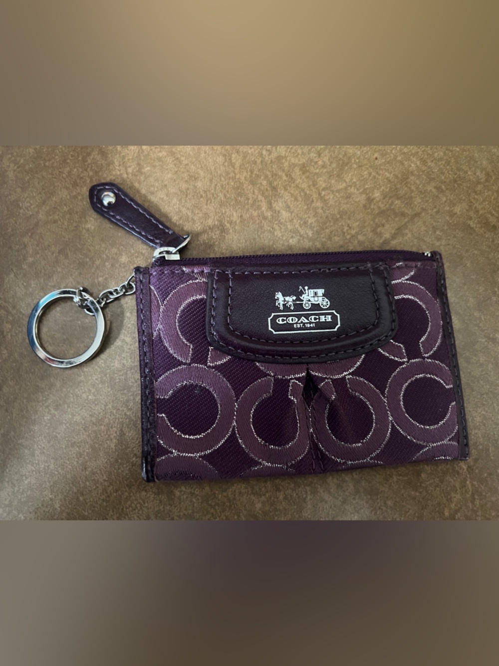 Coach Madison Purple Signature Coated Canvas Coin Purse w/ Keychain